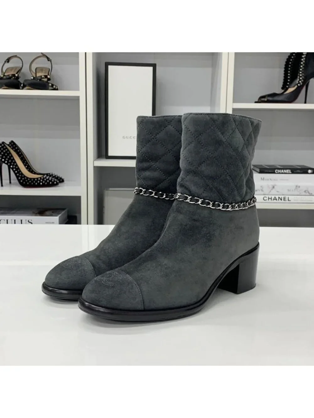 Chanel CC Logo Quilted Suede Chain Short Boots